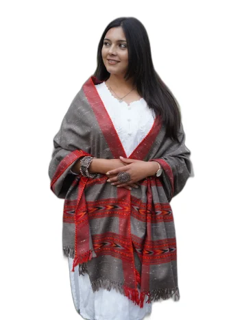 Ash Grey Kullu Pattern Handmade Shawl